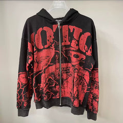 MIXED EMOTION Distressed Allover Print Zip Hoodie