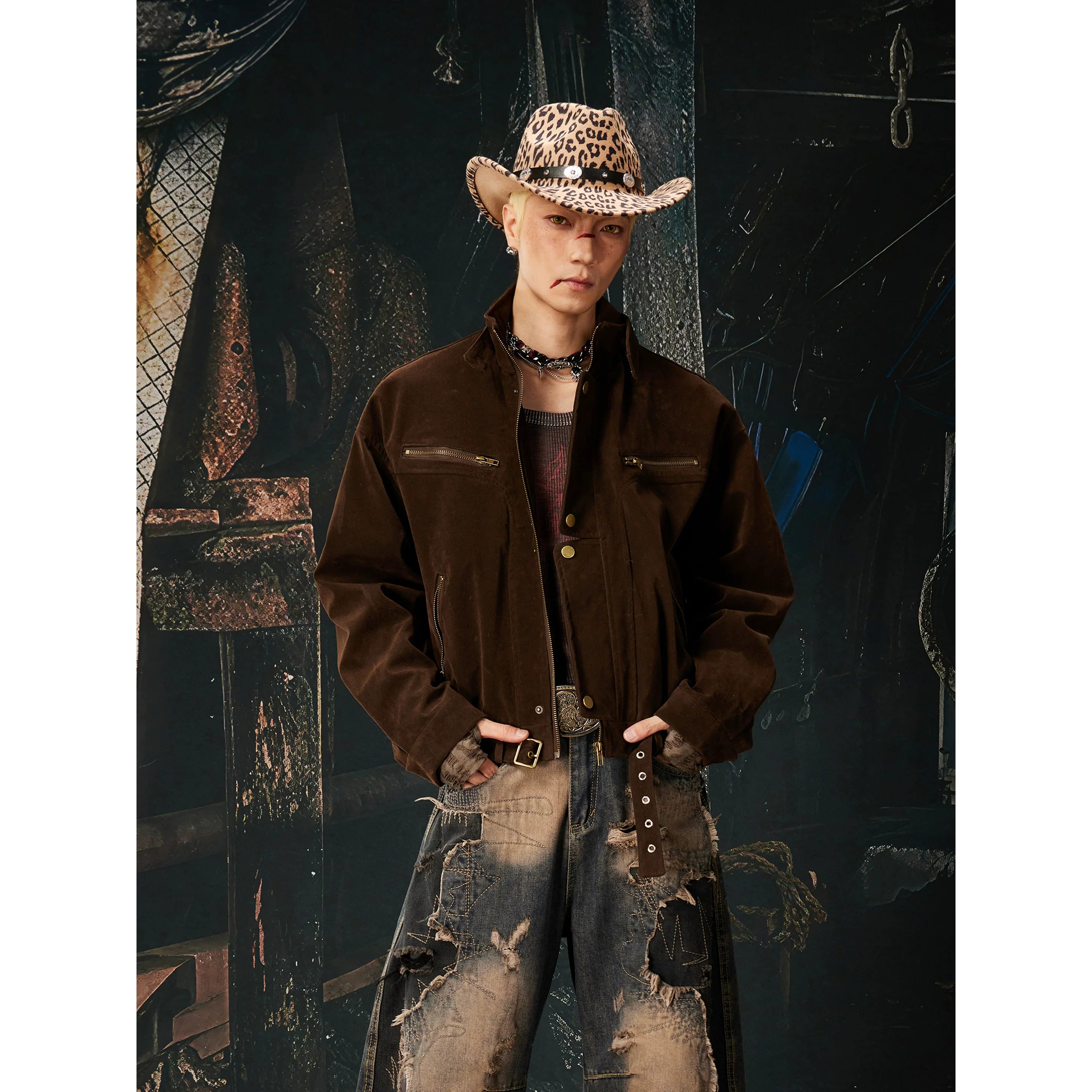 Unmanned Island New Product Plush Deconstructed Front Zipper Button Short Stand up Collar Jacket for Men and Women Spring and Autumn