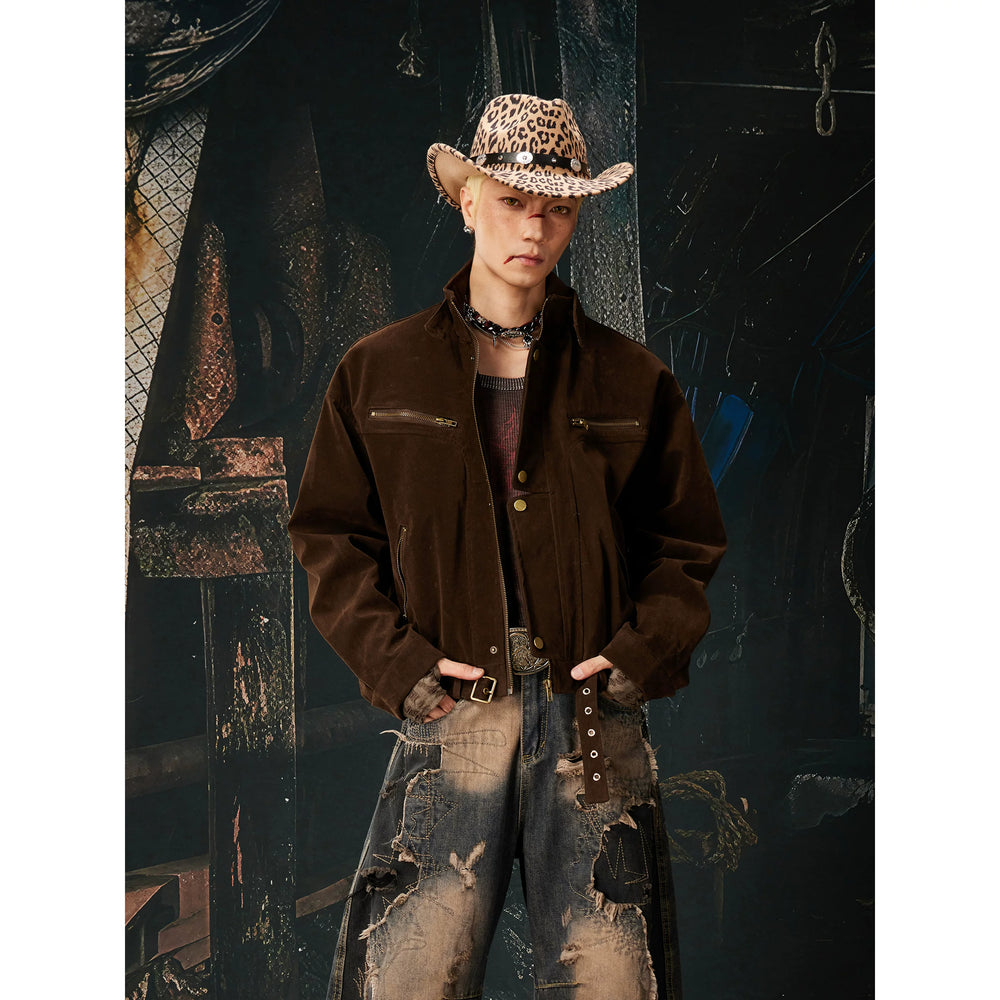 Unmanned Island New Product Plush Deconstructed Front Zipper Button Short Stand up Collar Jacket for Men and Women Spring and Autumn