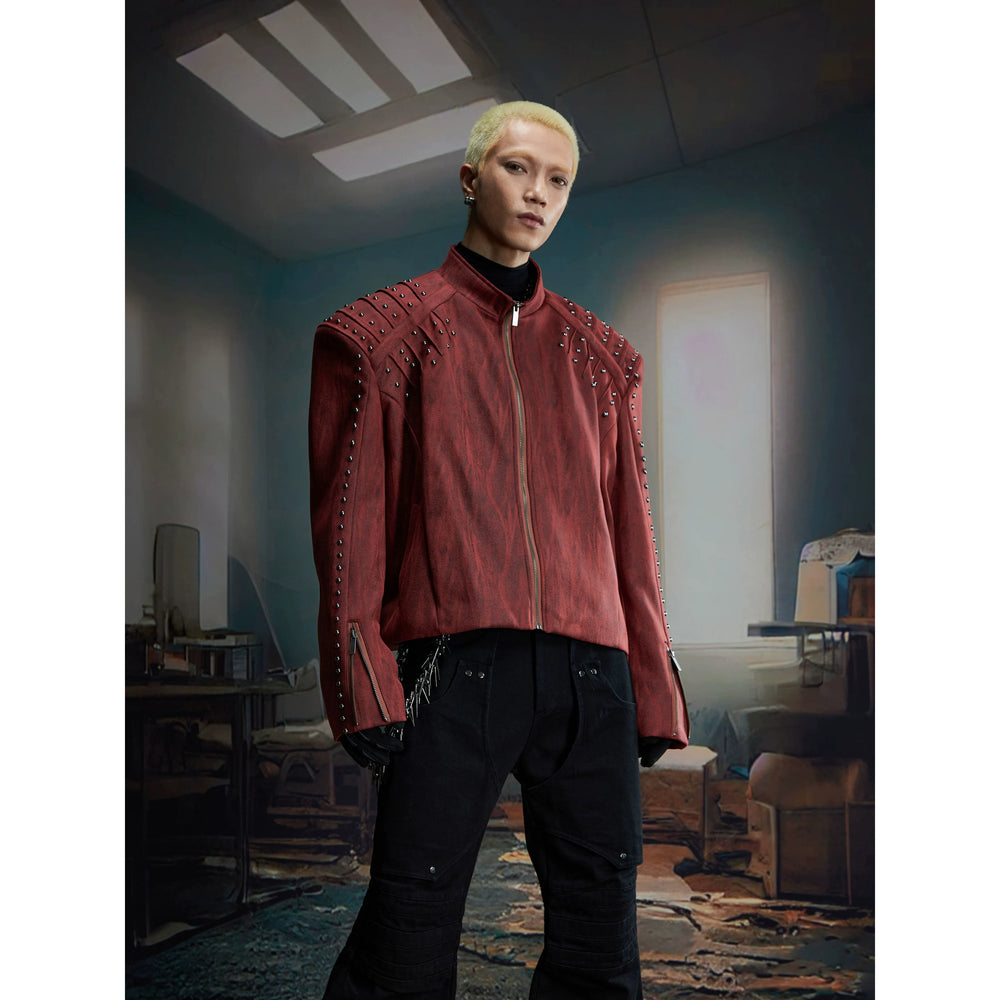 Unmanned island, dark texture, PU frosted texture, rivet decoration, loose shoulder pads, leather jacket, zipper jacket