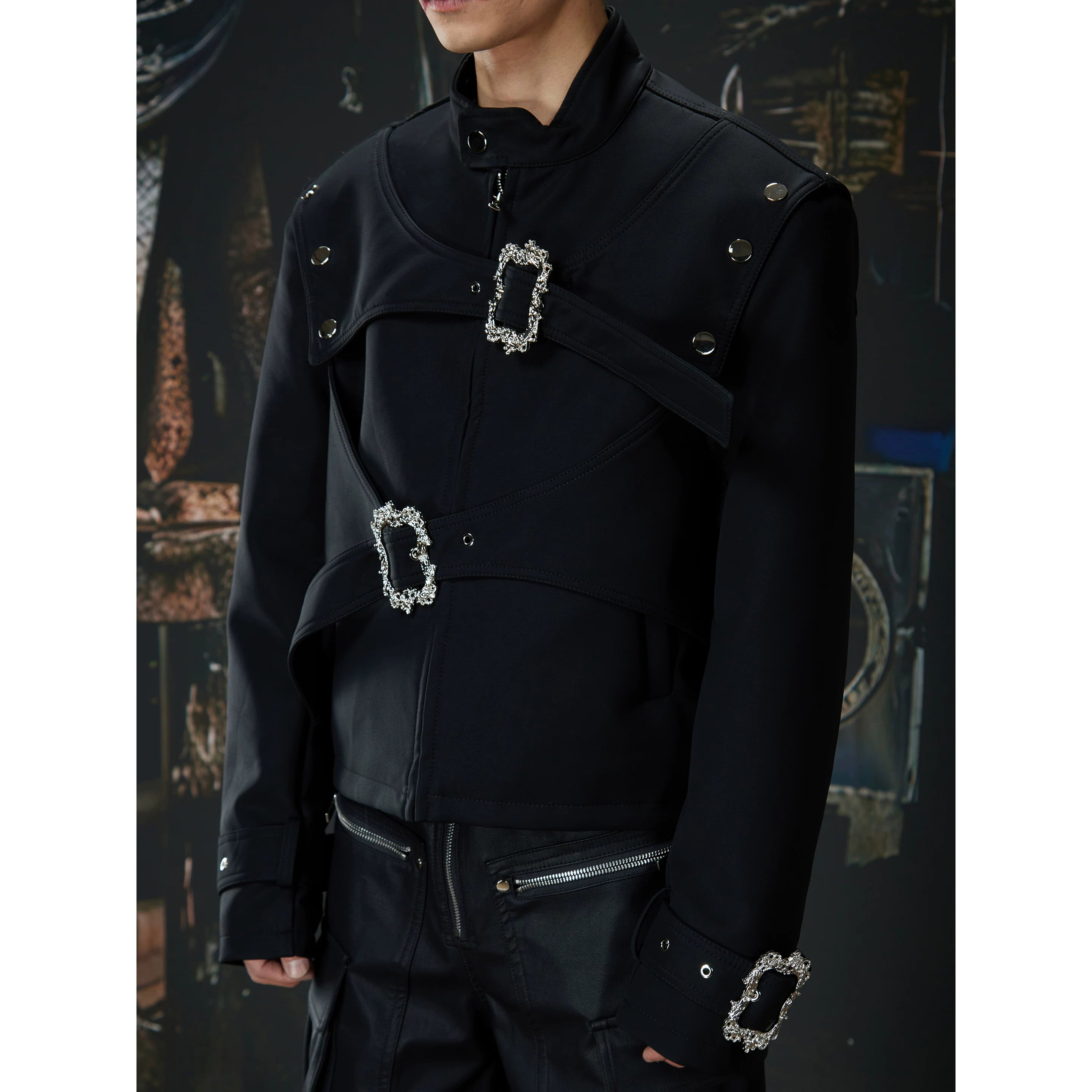 Unmanned island new product, high-end feeling, dark niche pioneer, deconstruction belt, short leather jacket, jacket, jacket