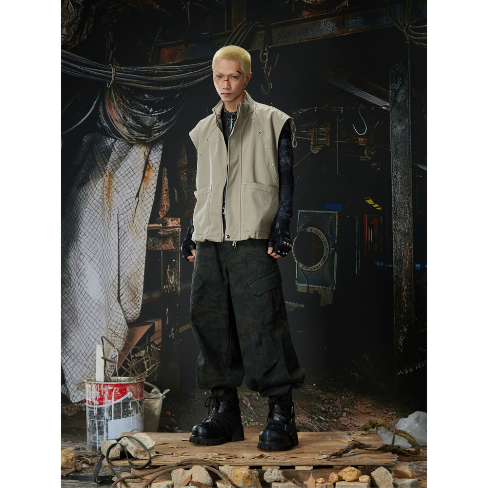 Unmanned island new product deconstruction cutting red zircon embellishment design stand up collar loose vest men's and women's jacket