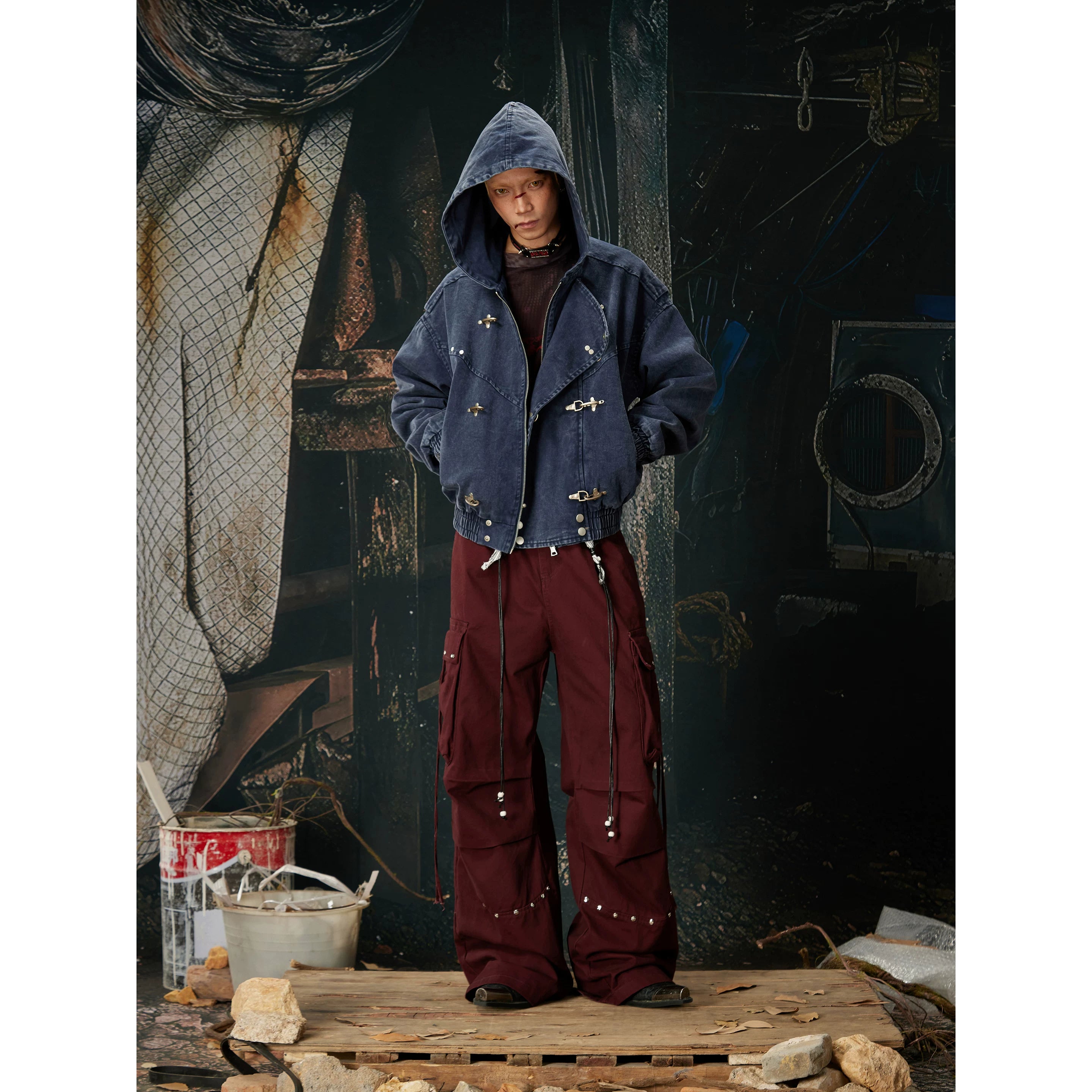 Unmanned island, high weight washed cotton, three-dimensional cutting and splicing, rivet drawstring work pants for men and women