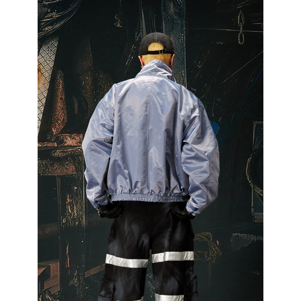 Unmanned Island New Product Bright Surface Light Sense Customized Red Inner Badge Embroidered Stand up Collar Zipper Jacket for Men and Women