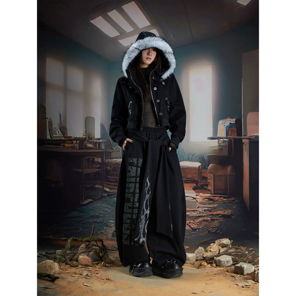 Unmanned island, detachable furry hooded lightweight punk slim fit ultra short jacket with zipper, trendy and cool women's style
