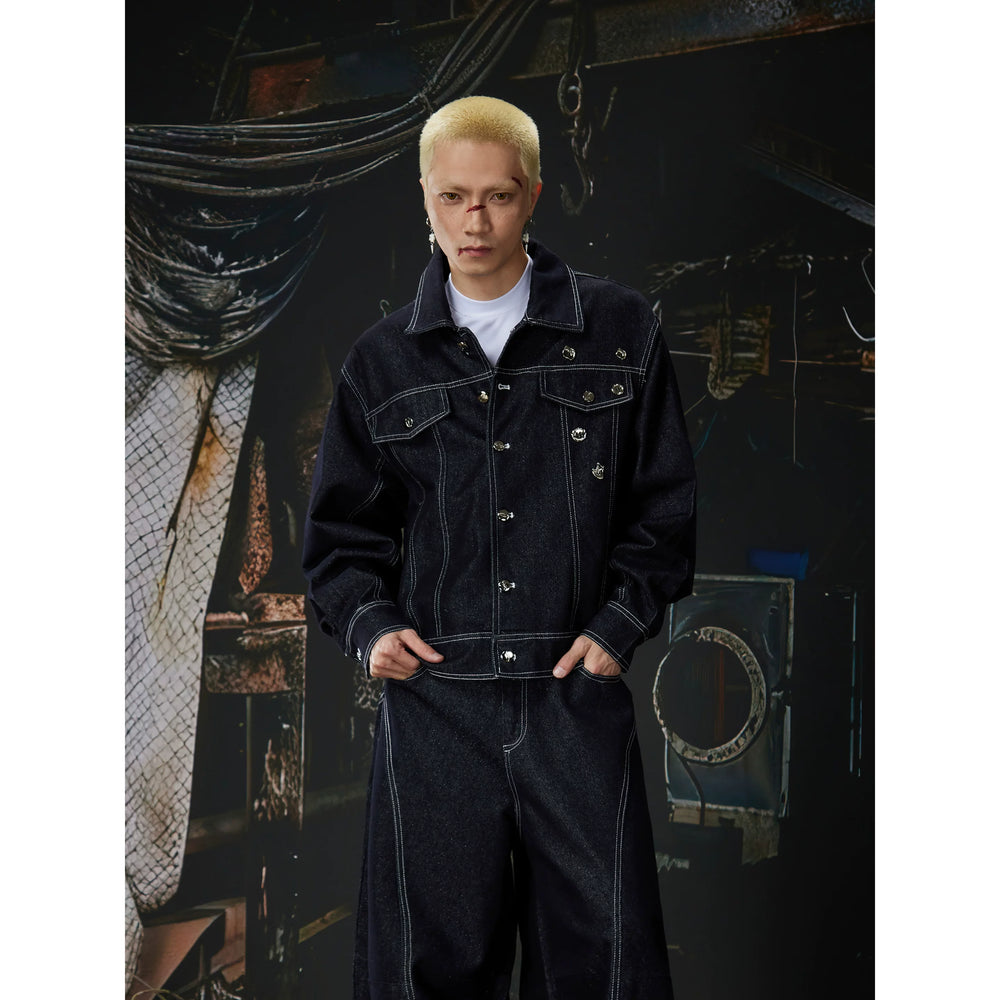 Unmanned Island New Product Simple and Versatile Open Line Custom Metal Buckle Wide Leg Loose Jeans Short Wide Coat