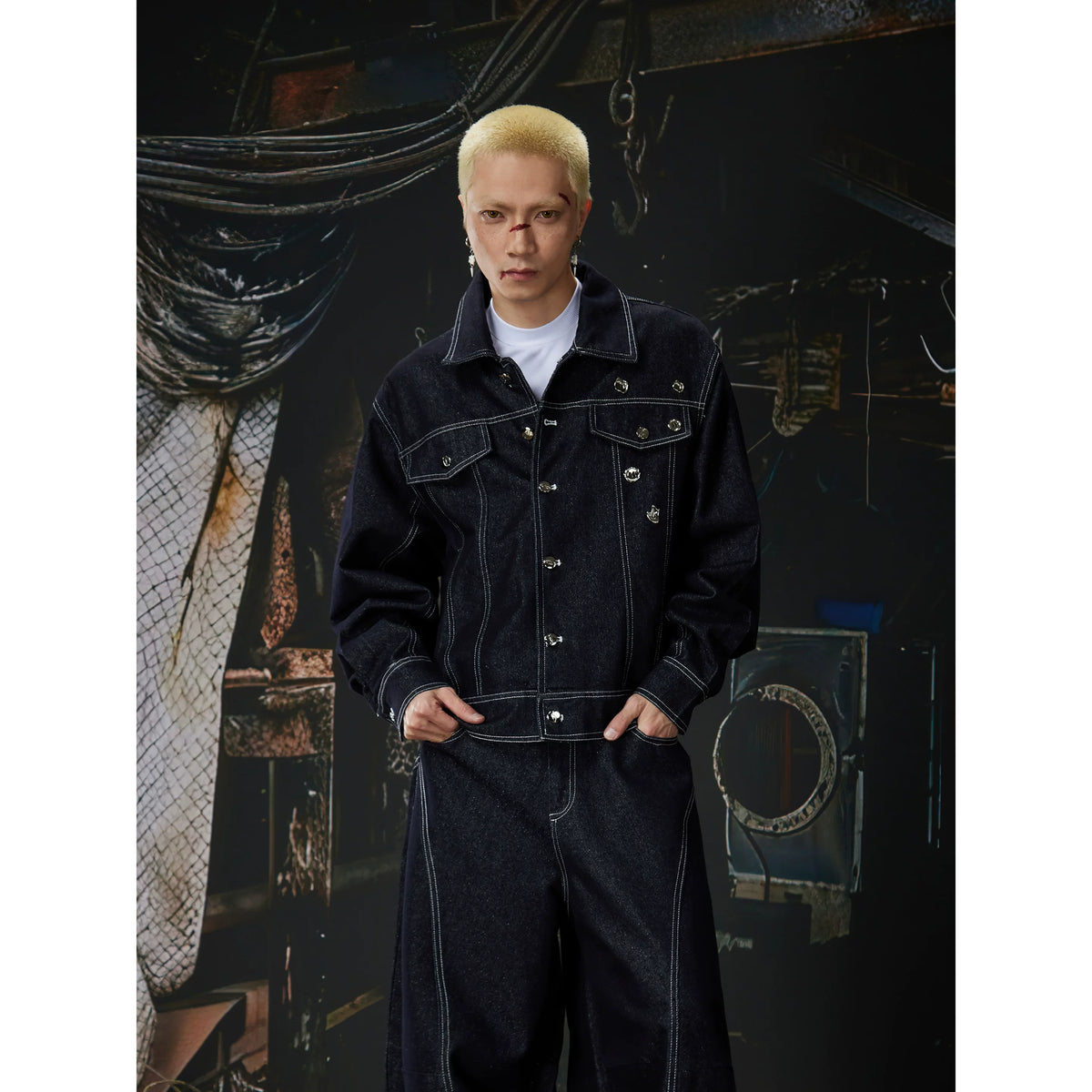 Unmanned Island New Product Simple and Versatile Open Line Custom Metal Buckle Wide Leg Loose Jeans Short Wide Coat