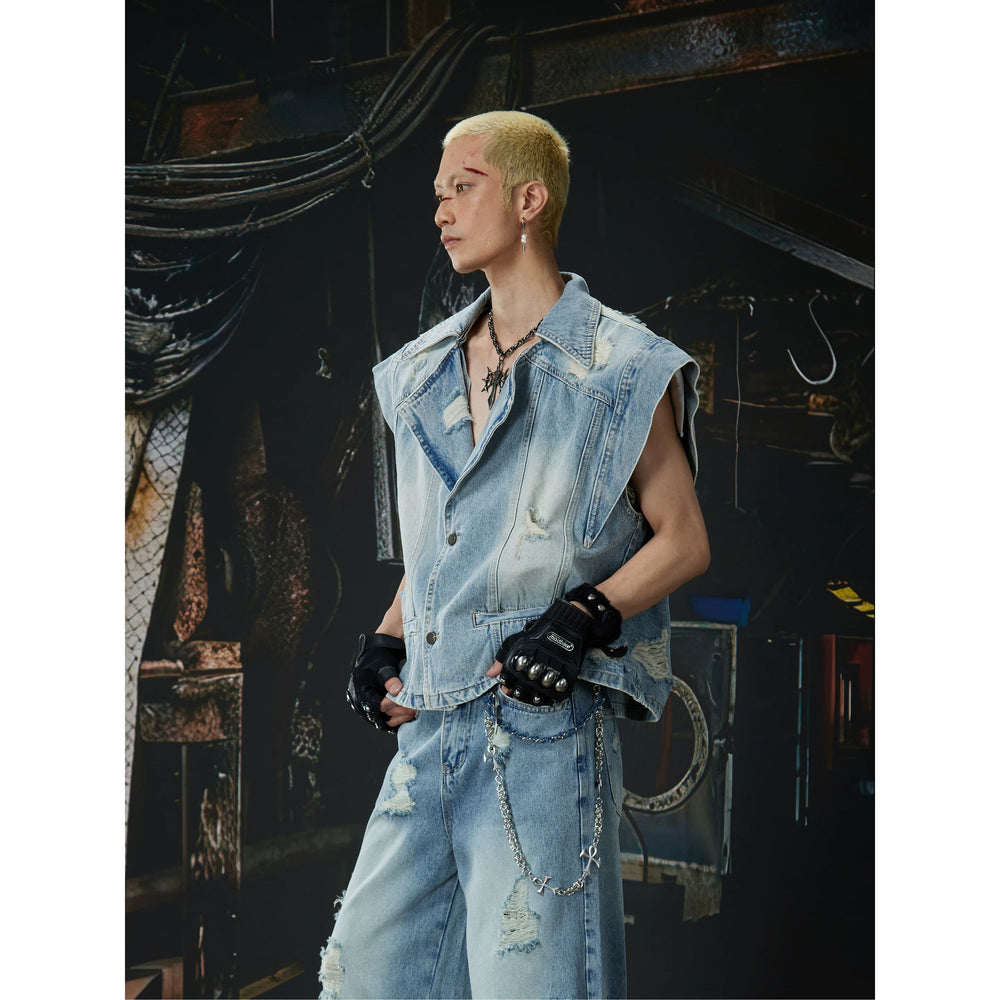 Unmanned Island New Product Light Asia Suit Gun Clash Collar Mix and Match Old Wear and Tear Washed Cowboy Vest Coat