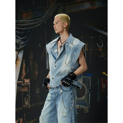 Unmanned Island New Product Light Asia Suit Gun Clash Collar Mix and Match Old Wear and Tear Washed Cowboy Vest Coat