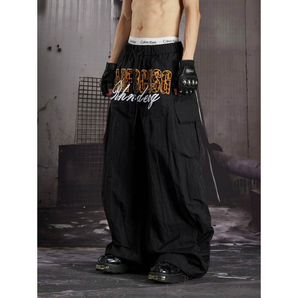 Unmanned Island American Ins Hip Hop Fashion Street Leopard Embroidered Multi Pocket Work Pants Wide Leg Parachute Pants