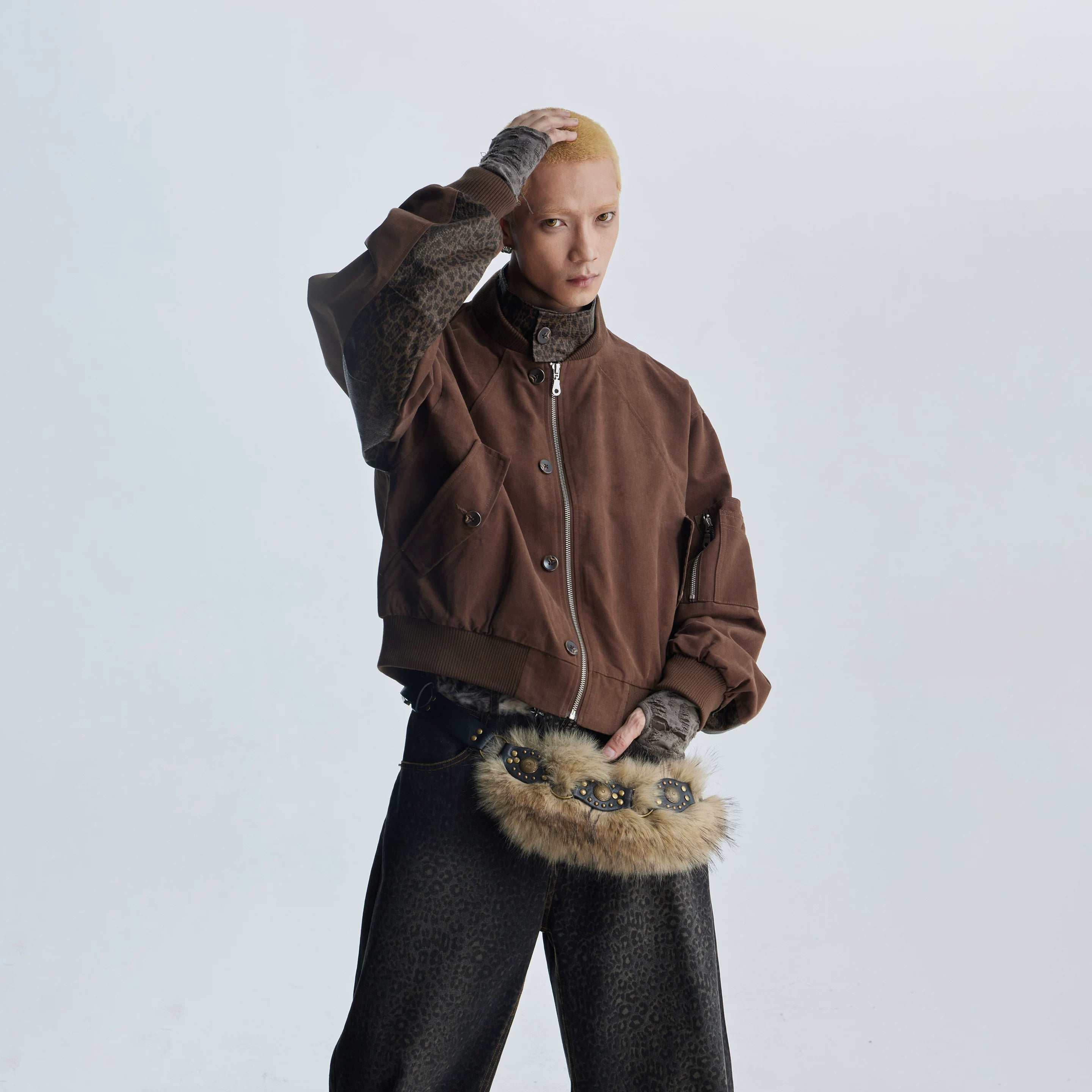 Unmanned island leopard print patchwork fake two-piece zipper baseball collar zipper jacket loose jacket top