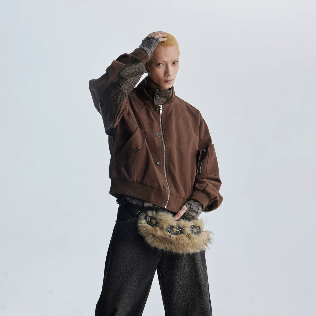 Unmanned island leopard print patchwork fake two-piece zipper baseball collar zipper jacket loose jacket top