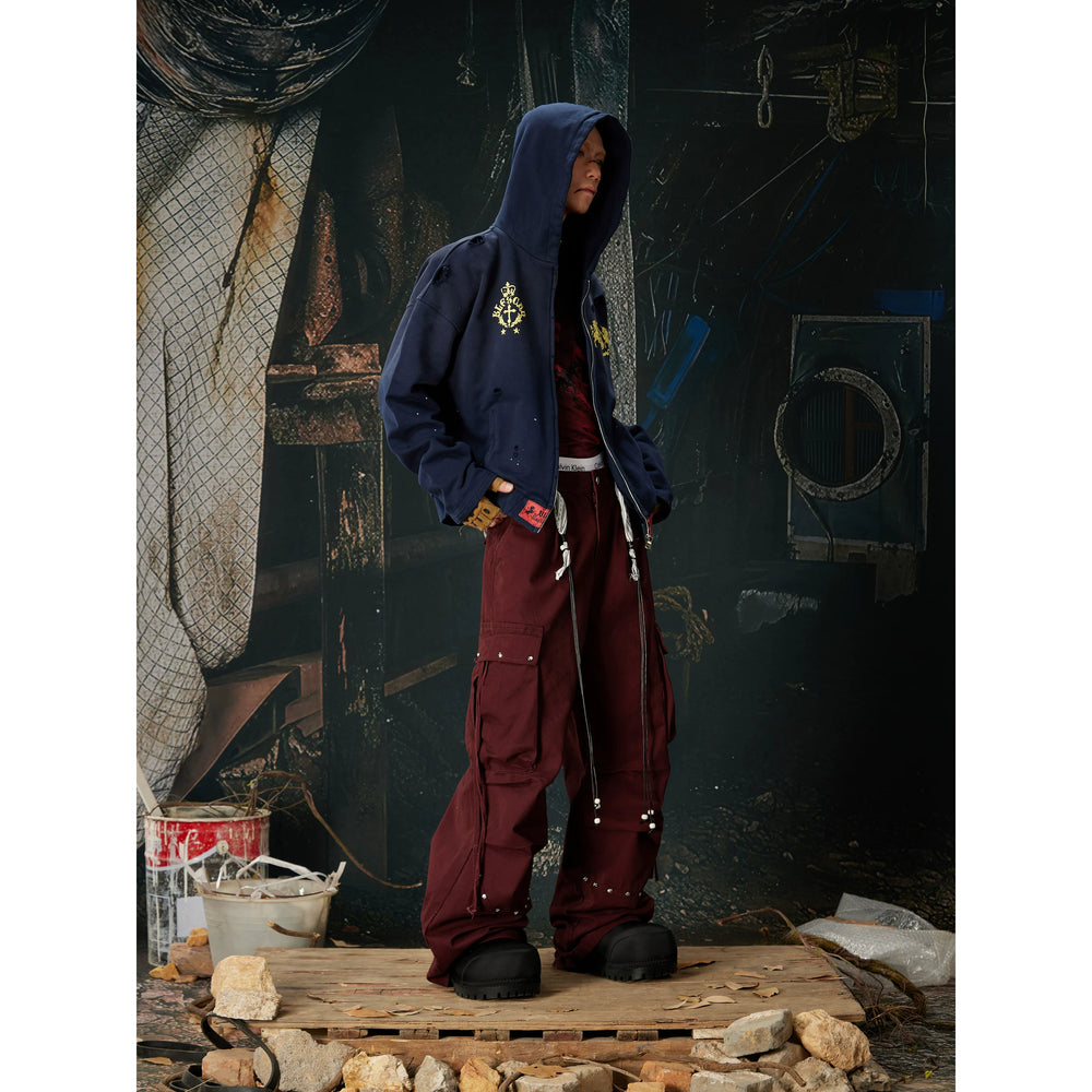 Unmanned island, high weight washed cotton, three-dimensional cutting and splicing, rivet drawstring work pants for men and women