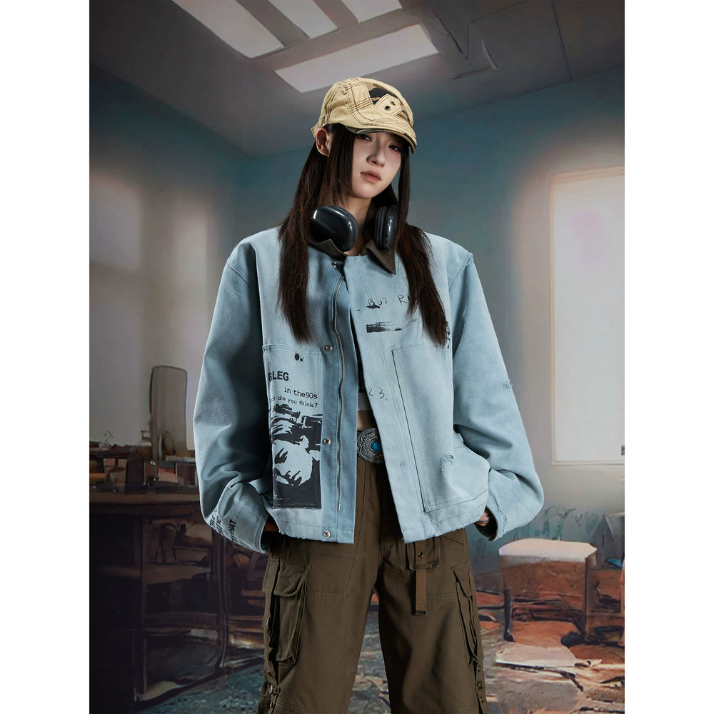 Unmanned Island Personalized Retro Double sided Printed Collar Leather Collar Zipper Jacket for Men and Women Trendy
