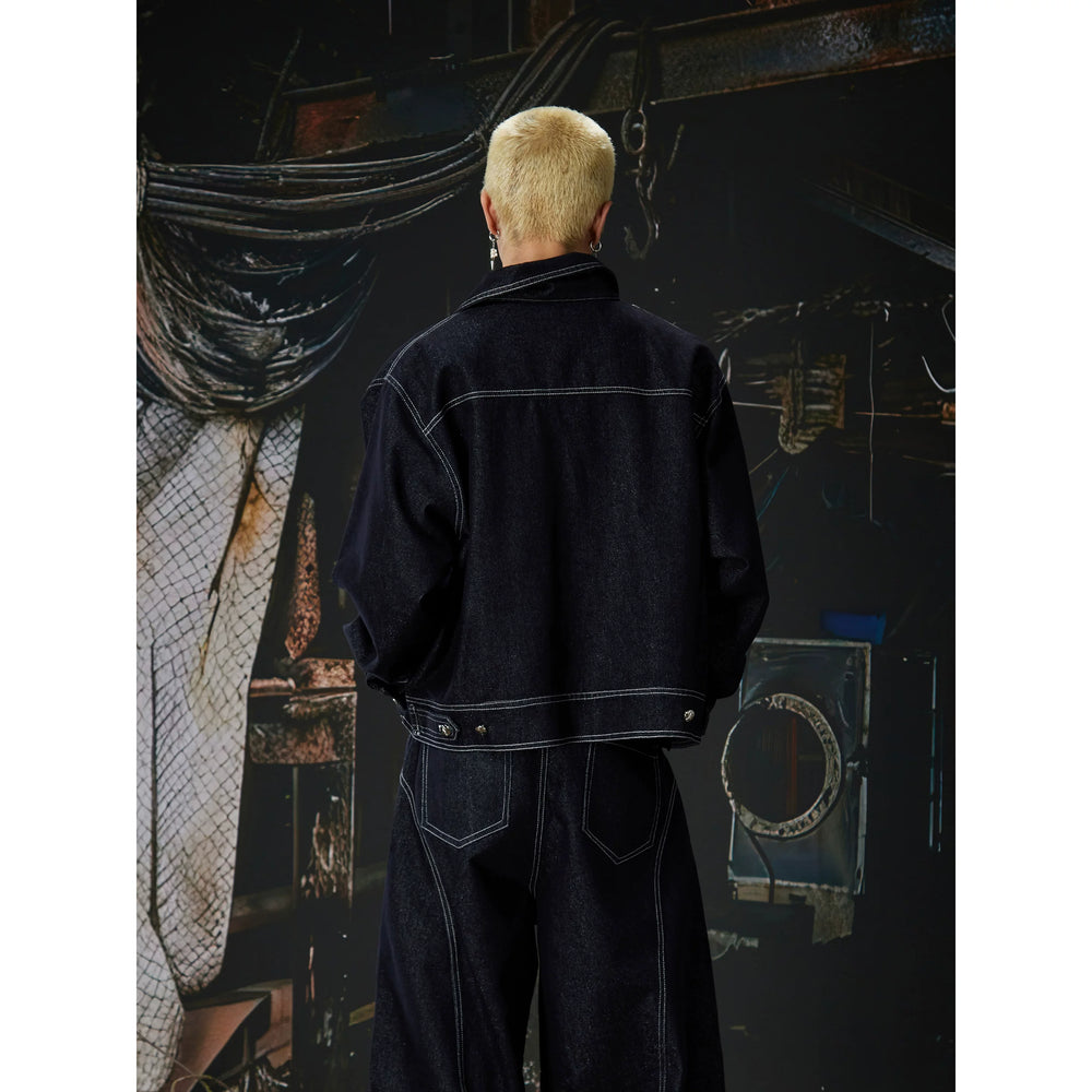 Unmanned Island New Product Simple and Versatile Open Line Custom Metal Buckle Wide Leg Loose Jeans Short Wide Coat