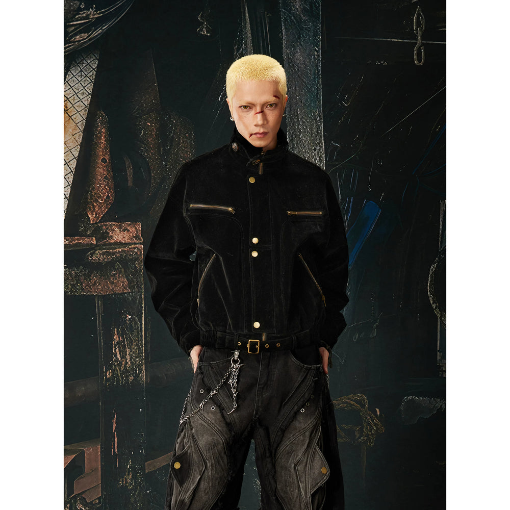 Unmanned Island New Product Plush Deconstructed Front Zipper Button Short Stand up Collar Jacket for Men and Women Spring and Autumn