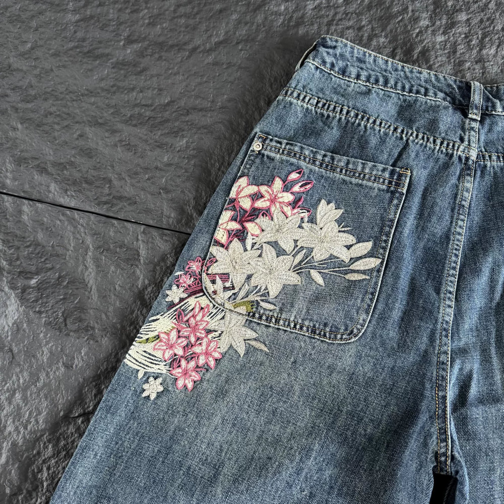 Derchutze Floral Embroidered Loose Denim Shorts