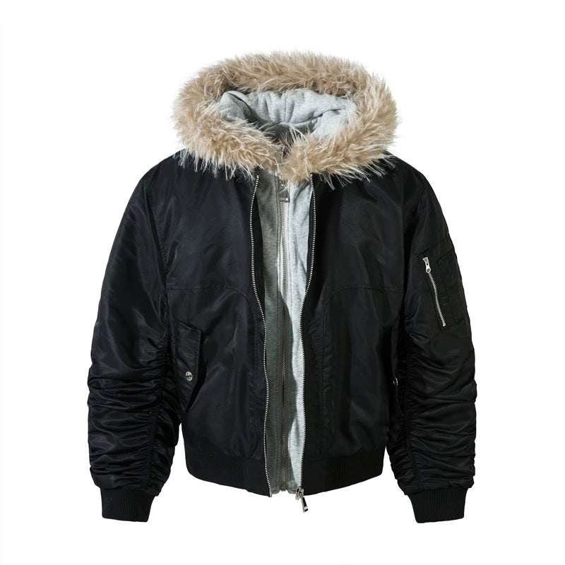 Aknife Winter Short Hair Collar Seat Mountain Carving Fake Two Piece Pilot Jacket