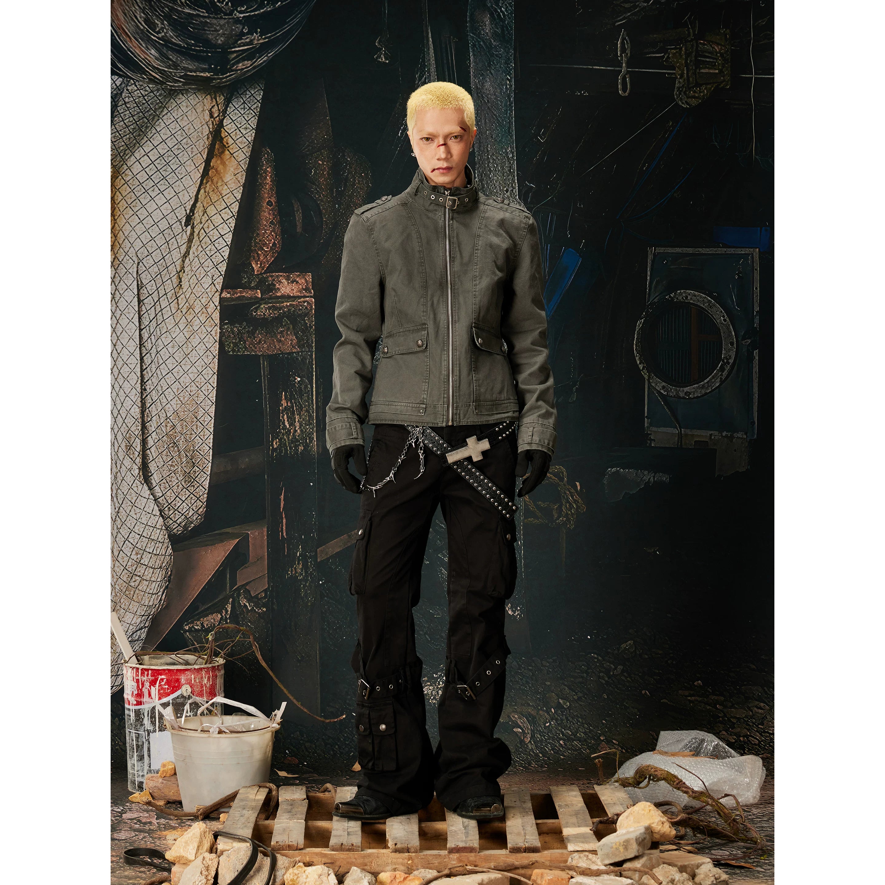 Unmanned island new product retro punk workwear stand collar adjustable loop metal buckle zipper jacket jacket for men and women
