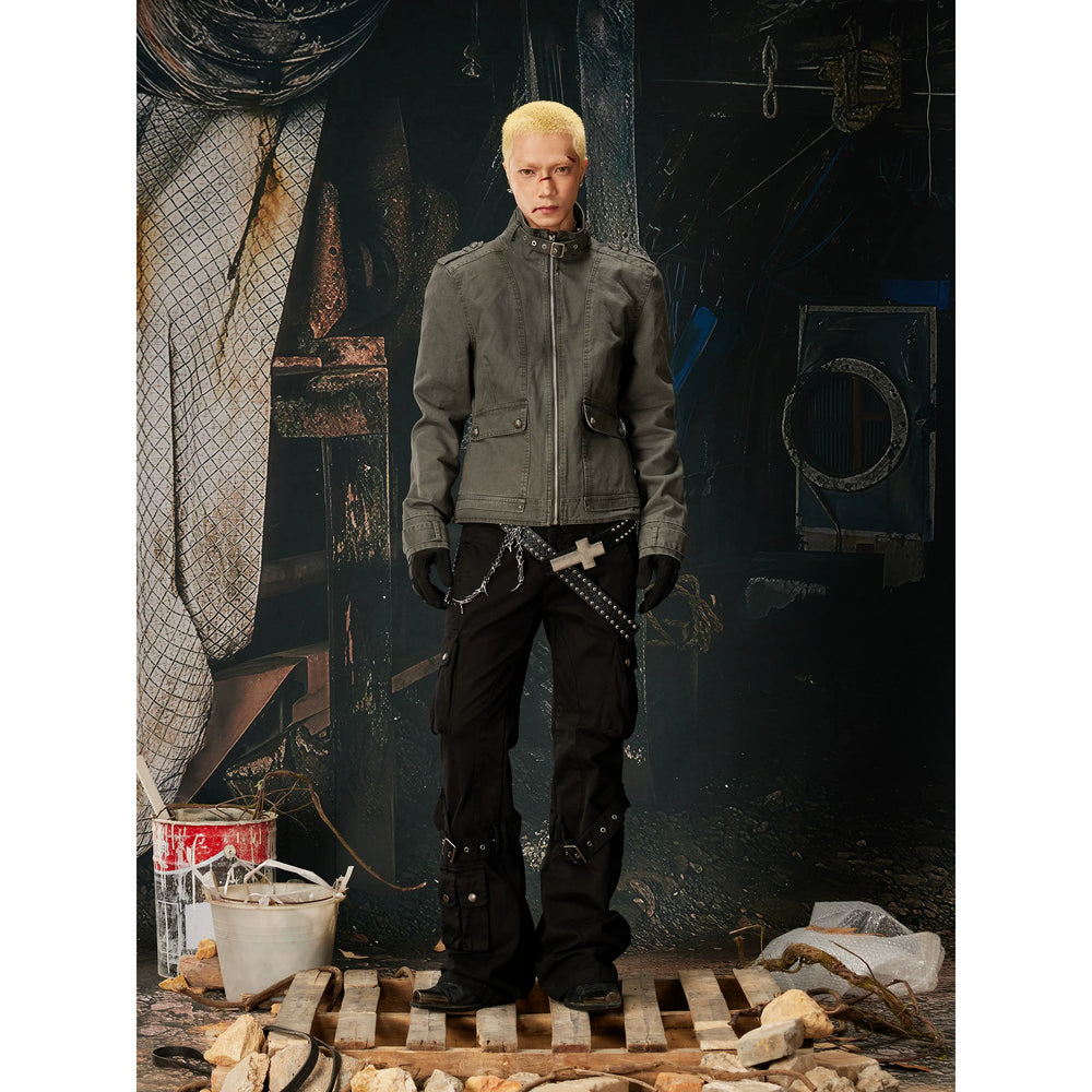 Unmanned island new product retro punk workwear stand collar adjustable loop metal buckle zipper jacket jacket for men and women