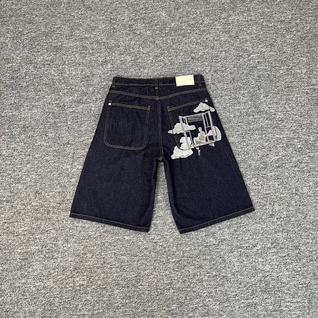Derschutze Embroidered Loose Casual Denim Shorts
