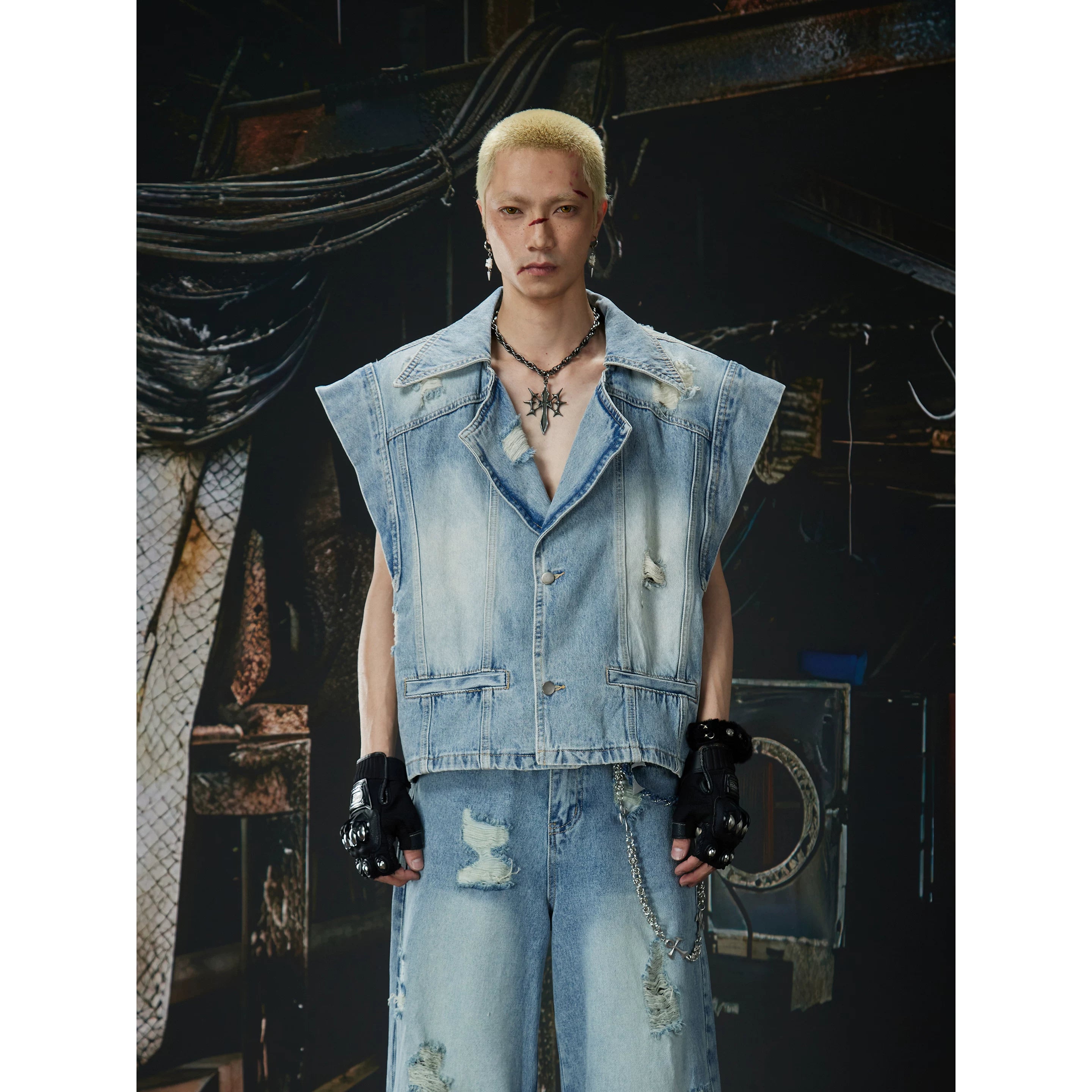 Unmanned Island New Product Light Asia Suit Gun Clash Collar Mix and Match Old Wear and Tear Washed Cowboy Vest Coat