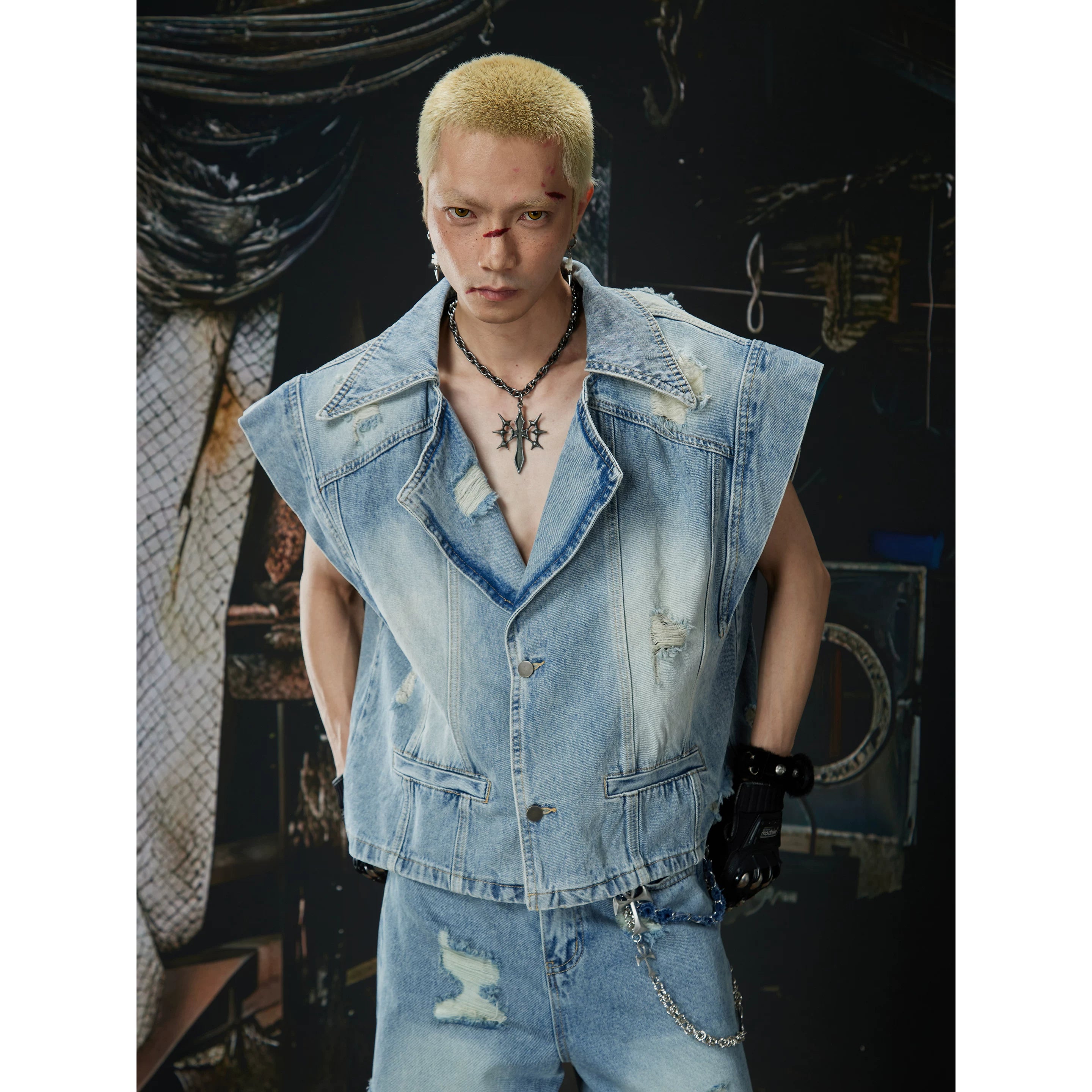 Unmanned Island New Product Light Asia Suit Gun Clash Collar Mix and Match Old Wear and Tear Washed Cowboy Vest Coat