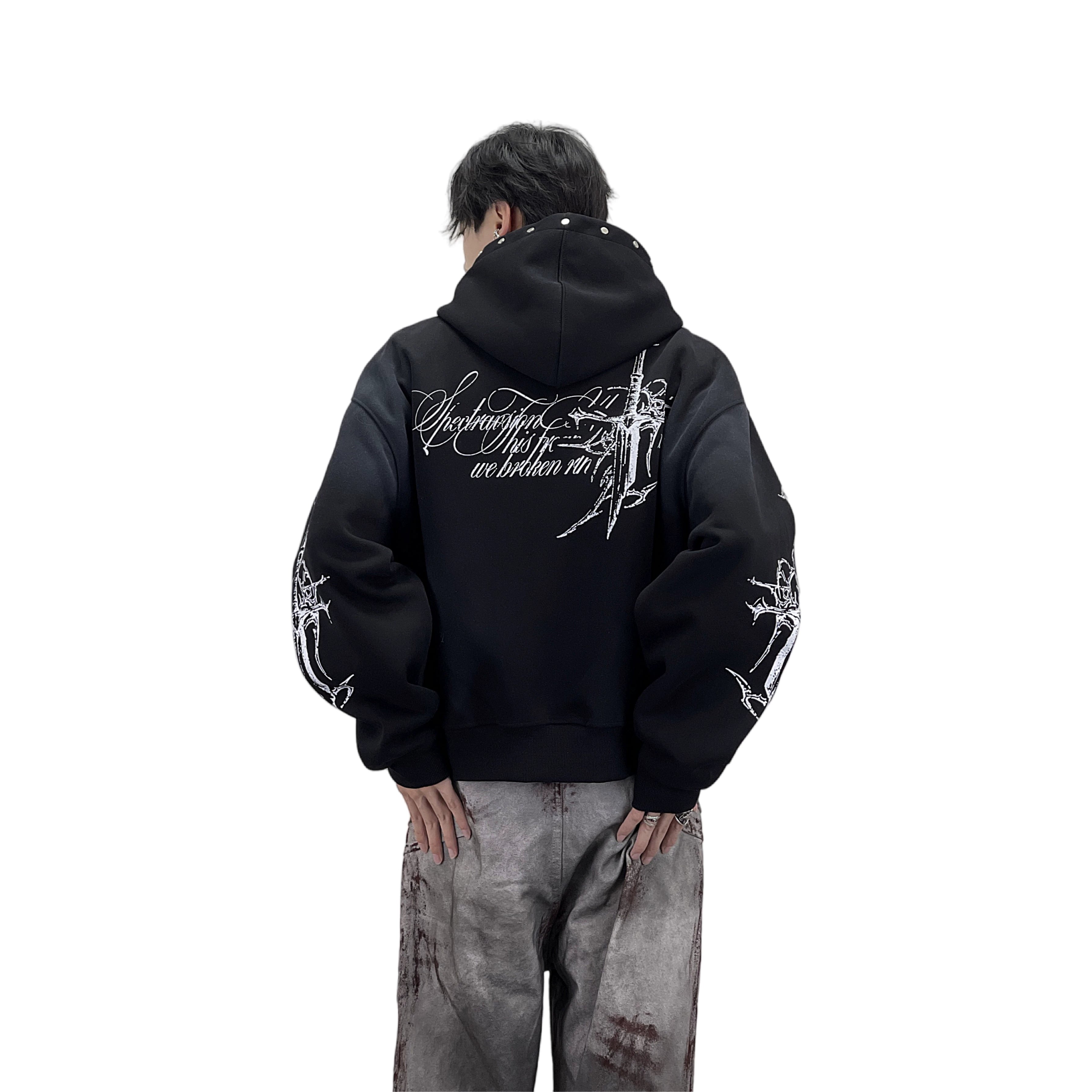 A knitted cross-shaped sword tie-dye distressed cardigan jacket