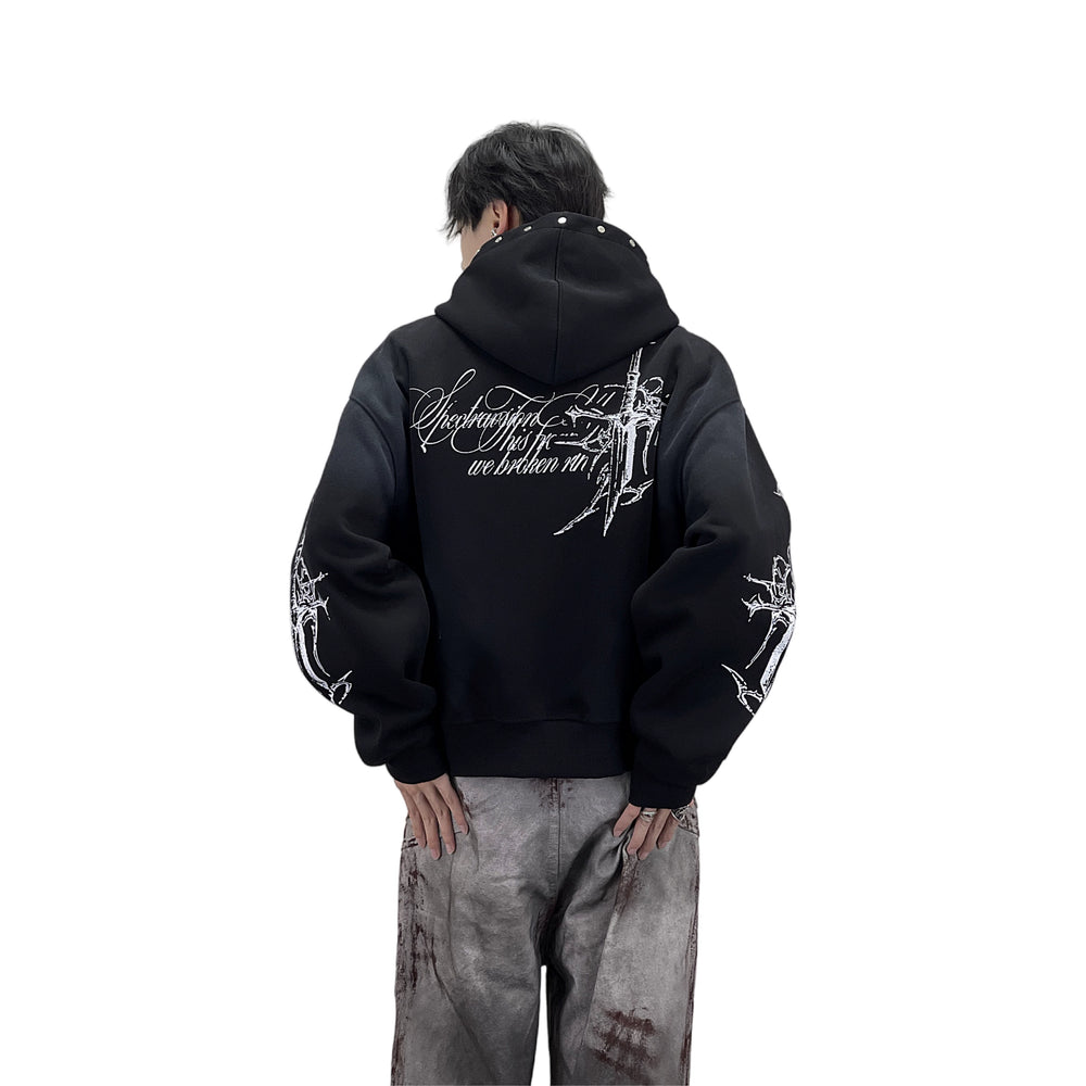 A knitted cross-shaped sword tie-dye distressed cardigan jacket