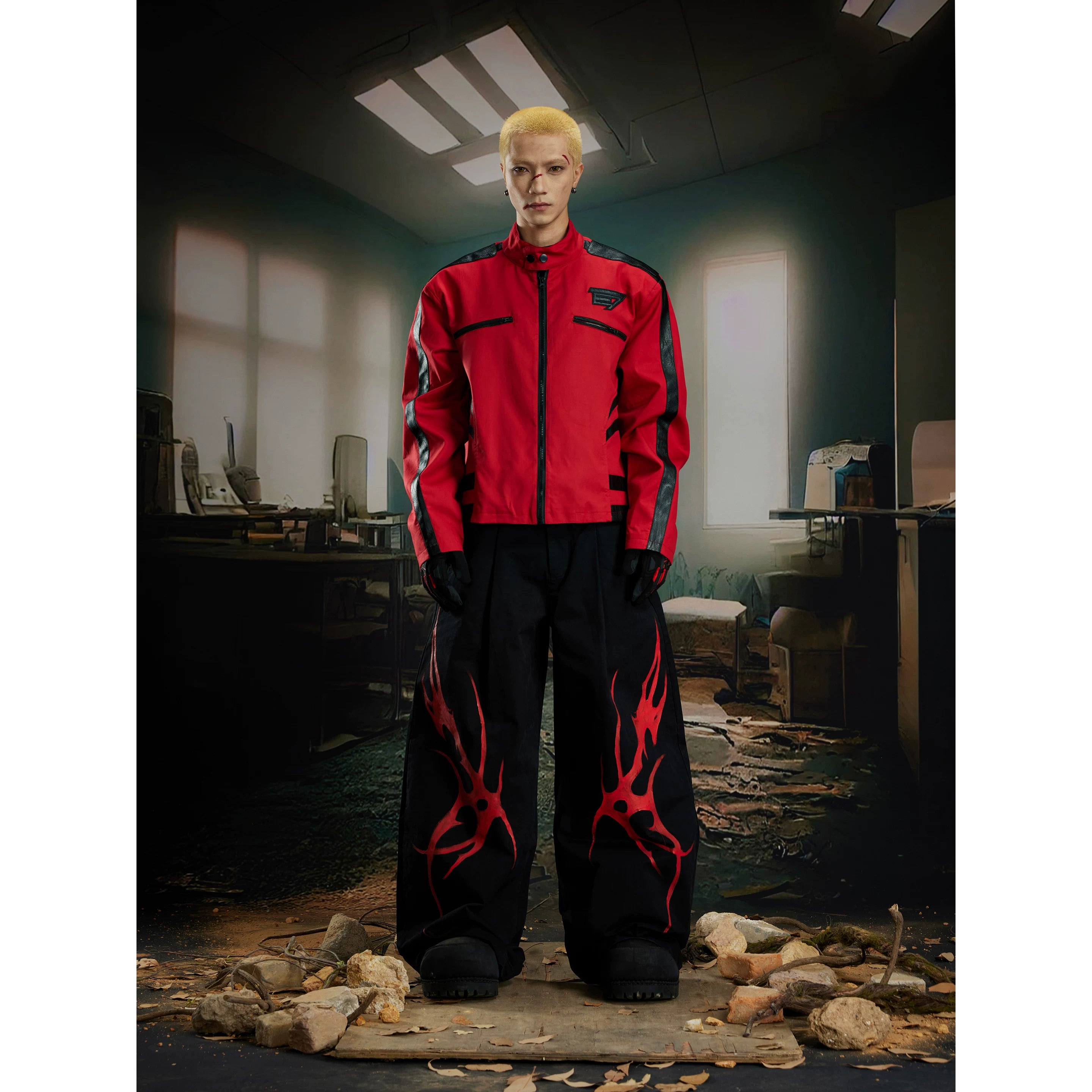 Unmanned island super handsome stand up collar high-end motorcycle jacket with spliced leather, contrasting color, spliced zipper jacket for men and women