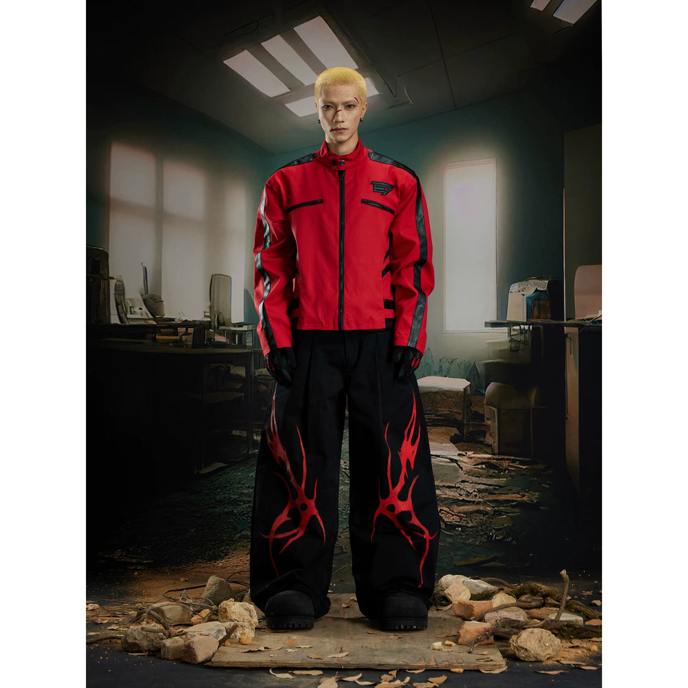 Unmanned island super handsome stand up collar high-end motorcycle jacket with spliced leather, contrasting color, spliced zipper jacket for men and women