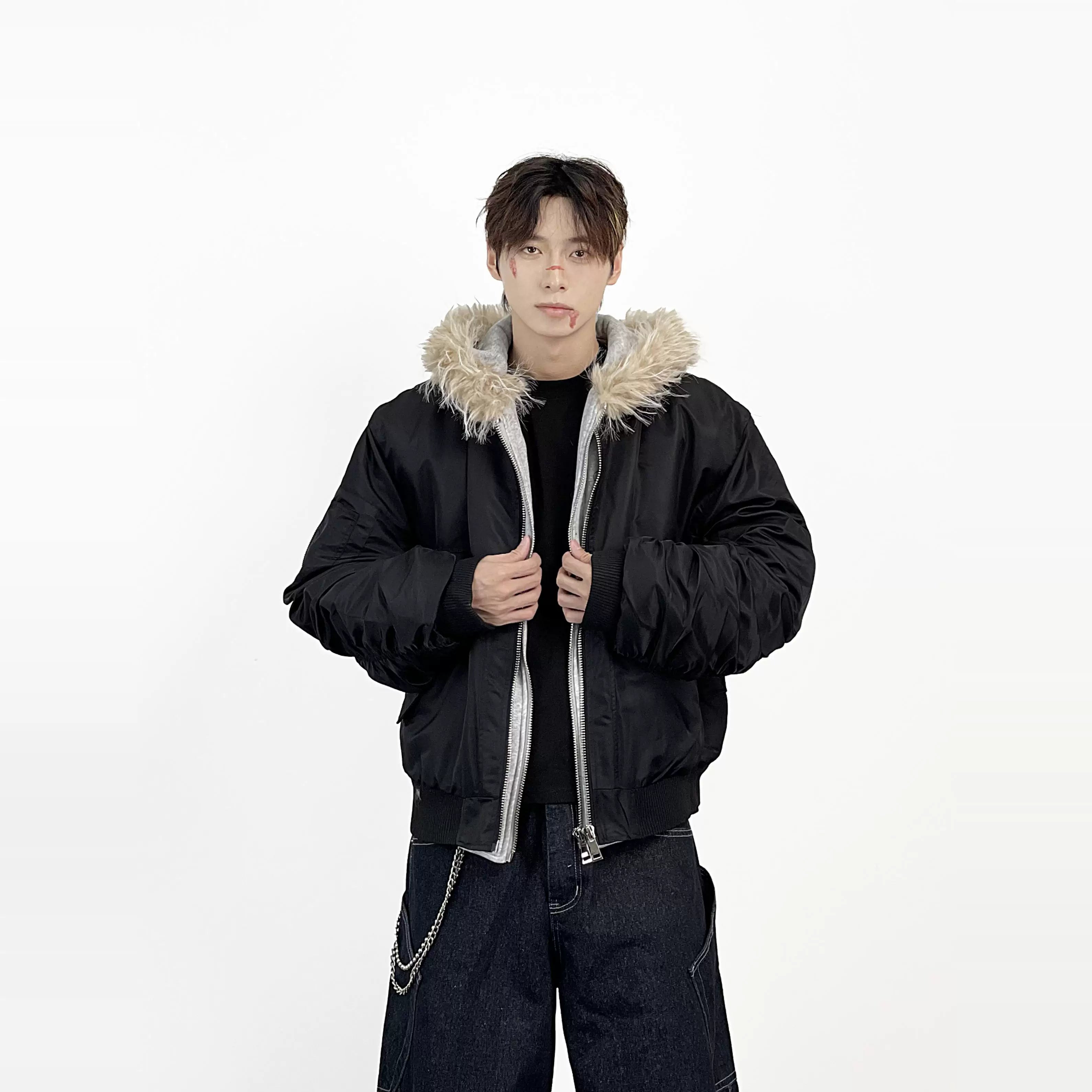 Aknife Winter Short Hair Collar Seat Mountain Carving Fake Two Piece Pilot Jacket