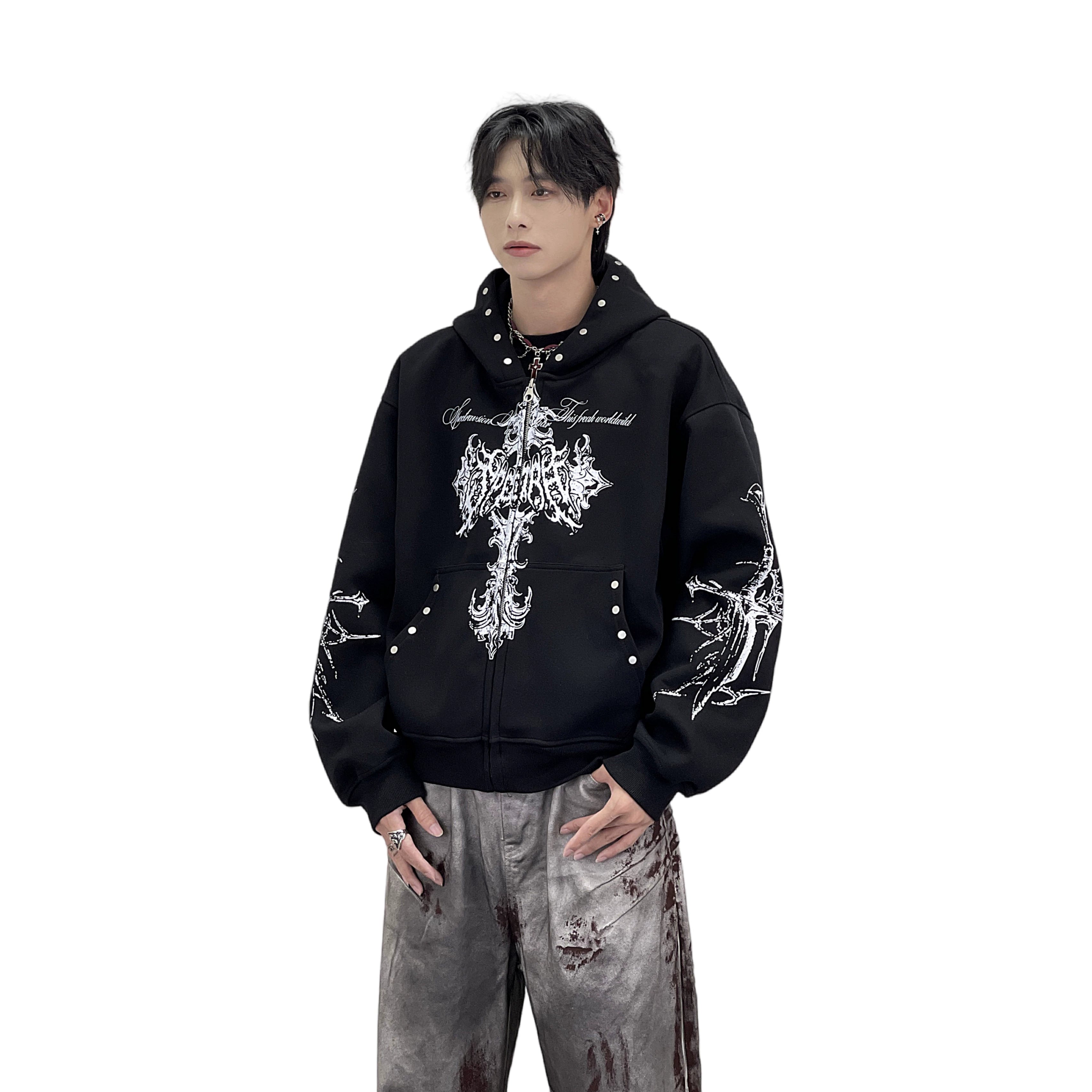 A knitted cross-shaped sword tie-dye distressed cardigan jacket