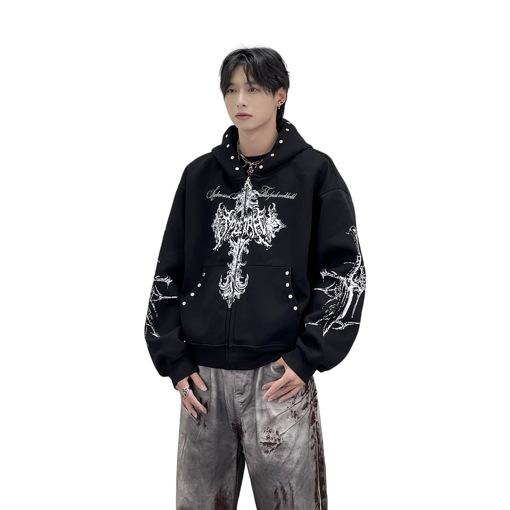 A knitted cross-shaped sword tie-dye distressed cardigan jacket