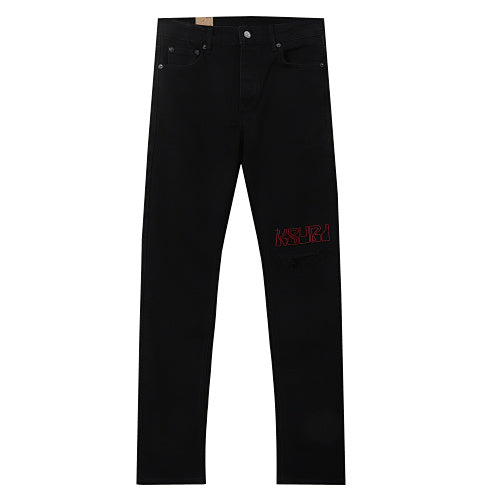 Ksubi Matte Black Red Embroidery Slim Denim Jeans
