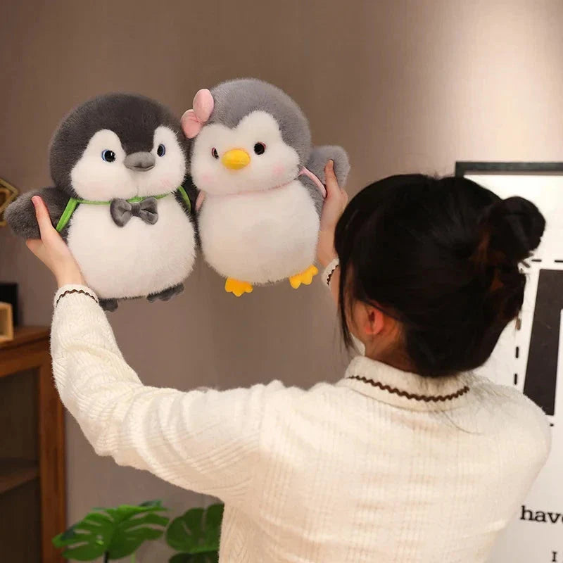 Fluffy Gray Penguin Plushie with Turtle Backpack