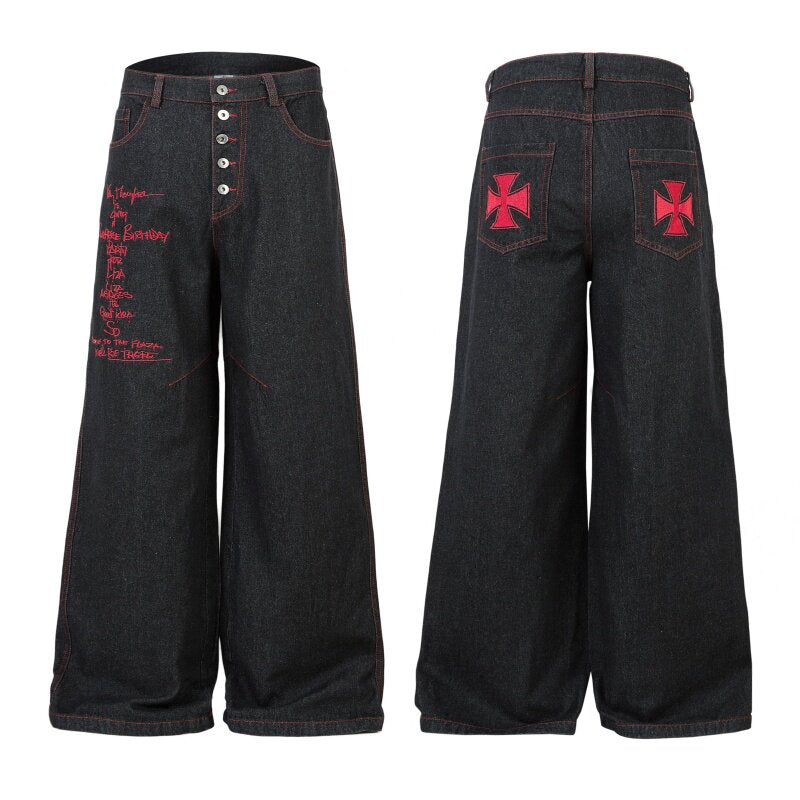 A knife high street cross-letter embroidered straight-leg denim pants
