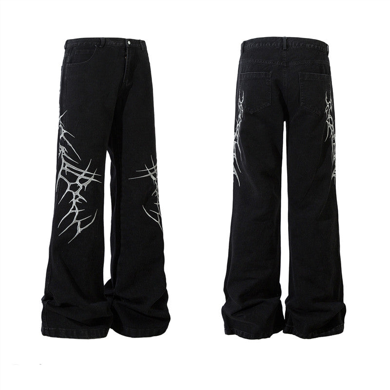 Aknife High Street Dark Thorn Embroidered Micro-Blare Jeans