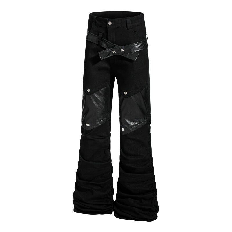 A knife punk leather flared denim pants
