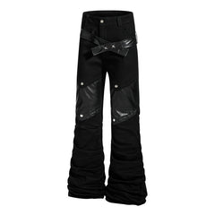A knife punk leather flared denim pants