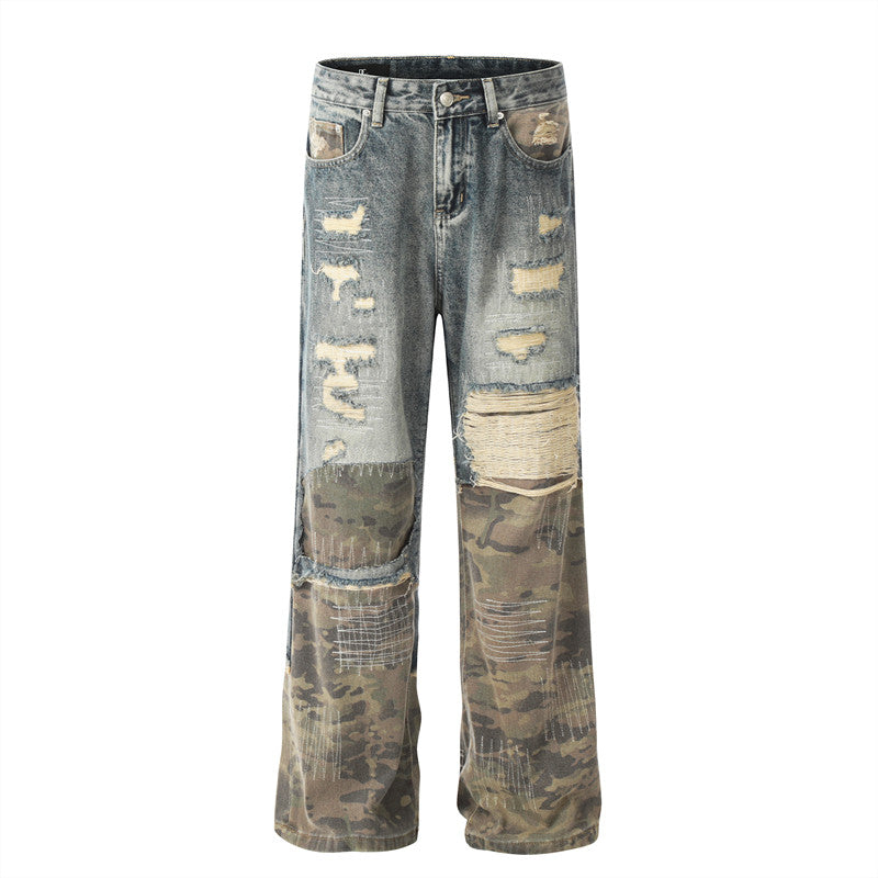A knife high street style jeans with a torn and patched design