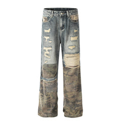 A knife high street style jeans with a torn and patched design