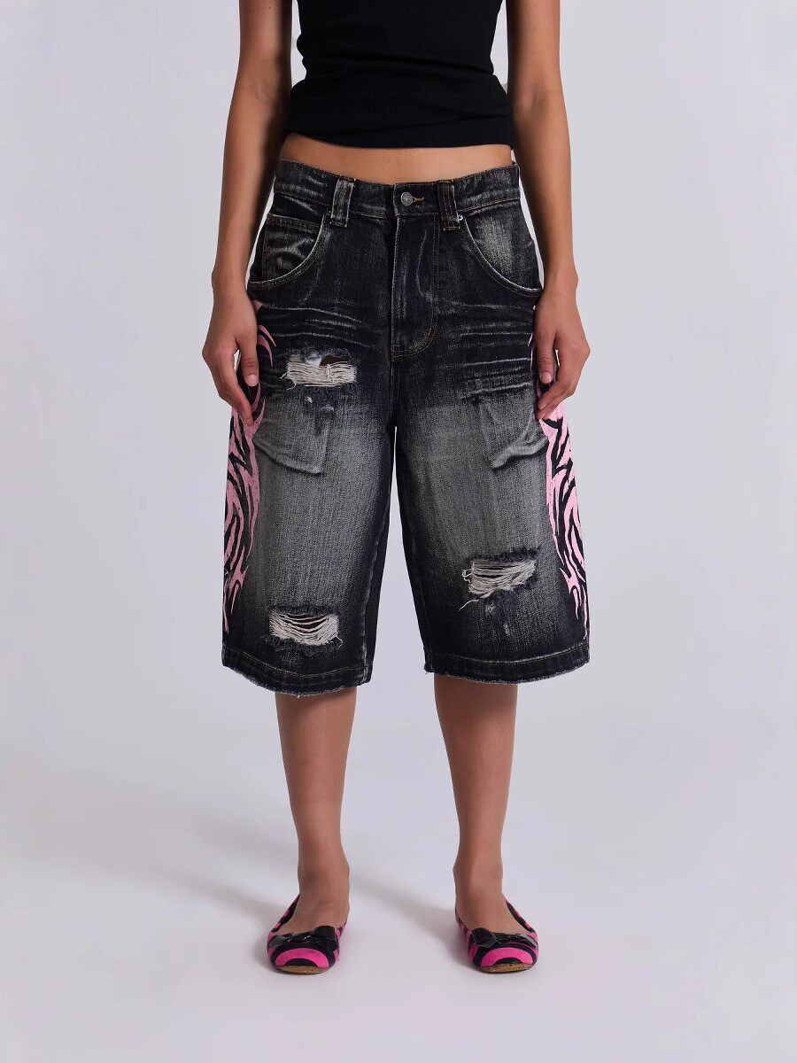 Jeans - American Retro Patterned Washed Denim Pants