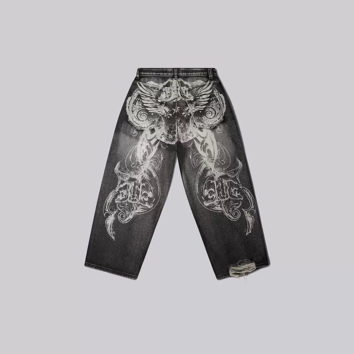 Jeans - American Retro Patterned Washed Denim Pants