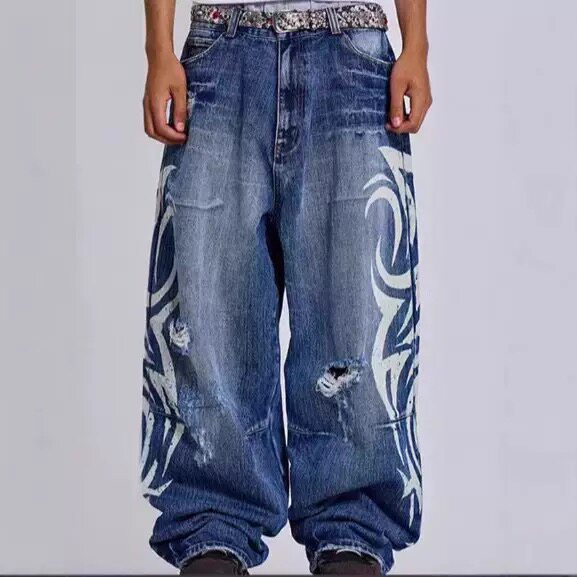 Jeans - American Retro Patterned Washed Denim Pants